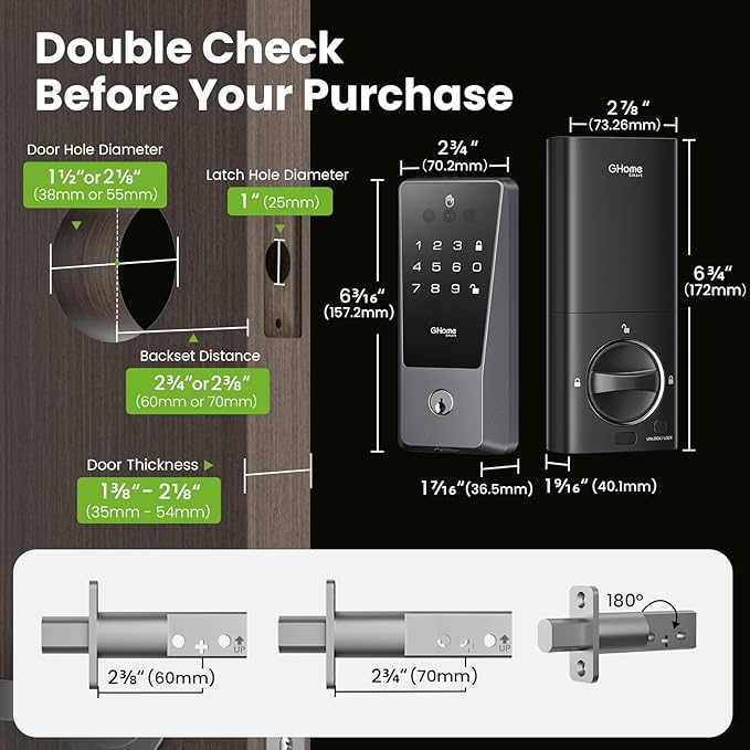 GHome Smart Door Lock with WiFi, Palm Vein Smart Locks for Front Door, 5 in 1 Keyless Entry Door Lock, Alexa Control, Auto Lock, Built-in WiFi, Rechargeable Battery, Smart Deadbolt.