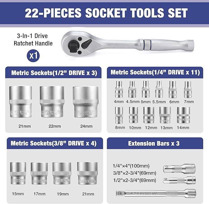 WORKPRO 22-Piece Socket Set with 3-in-1 Ratchet Handle, 1/4, 3/8, 1/2 Inch Drive Socket Wrench, CR-V Metric Socket Set, Extension Bars, Storage Box Included, Mechanics Tool Sets for Auto Repairing
