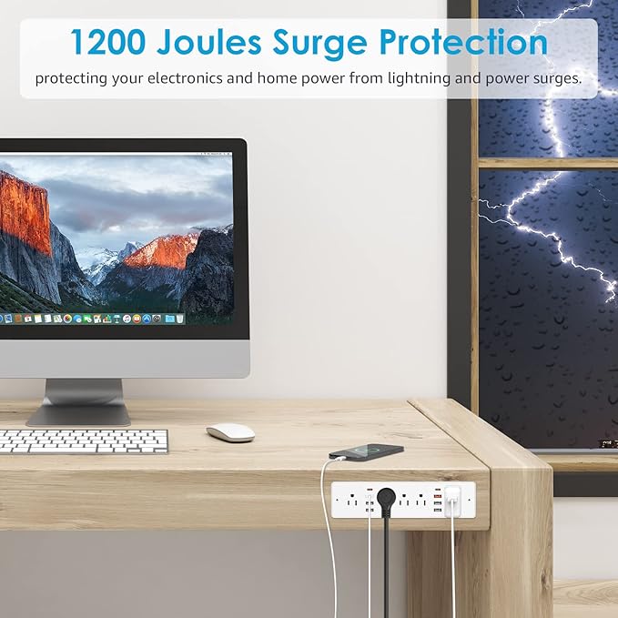 HHSOET 13 in 1 Recessed Power Strip Flat Plug, Fast Charging Desk Outlet with USB, Conference Recessed Power Outlet Socket with 5 AC Plugs, 6 USB Ports 2 USB-C, 6ft Power Cord. (White)