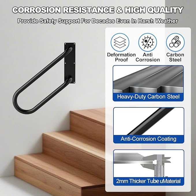 Jamb Mount Handrails for Outdoor Steps-1-2 Step Waterproof Stairs Railing-Powder Coated Side Mount Hand Rails for Indoor Stairs-Non-Slip Staircase Grab Rail for Deck/Porch/Mobile Home/Short Stairway