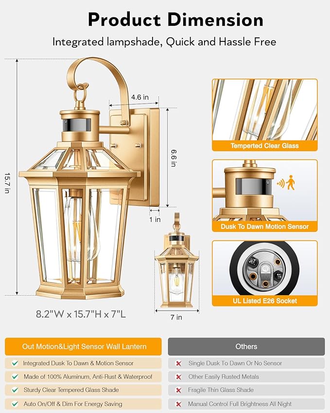 VIANIS Outdoor Wall Lights, Motion Sensor Exterior Light Fixtures Wall Mount, Waterproof Modern Gold Outside Front Porch Light, Anti-Rust Aluminum Outdoor Wall Sconce for House Garage