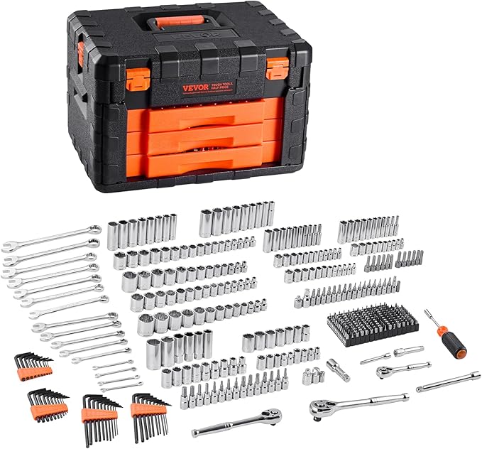 VEVOR Mechanics Tool Set and Socket Set, 450 Pcs, 1/4, 3/8 and 1/2 inch Drive Deep and Standard Sockets, SAE Metric Mechanic Tool Kit with Bits, Wrenches, Accessories, Storage Case with Orange Drawer