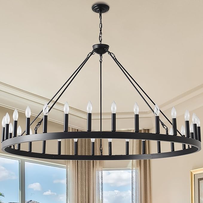 Large Farmhouse Wagon Wheel Chandelier 53",30-Light Black Round Rustic Ceiling Pendant Lighting Fixture,Industrial Chandeliers for high Ceilings Outdoor Porch Living Dining Room Kitchen Foyer