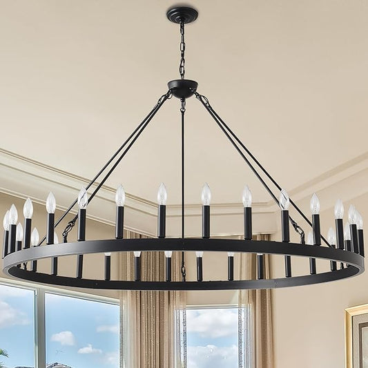 Large Farmhouse Wagon Wheel Chandelier 53",30-Light Black Round Rustic Ceiling Pendant Lighting Fixture,Industrial Chandeliers for high Ceilings Outdoor Porch Living Dining Room Kitchen Foyer