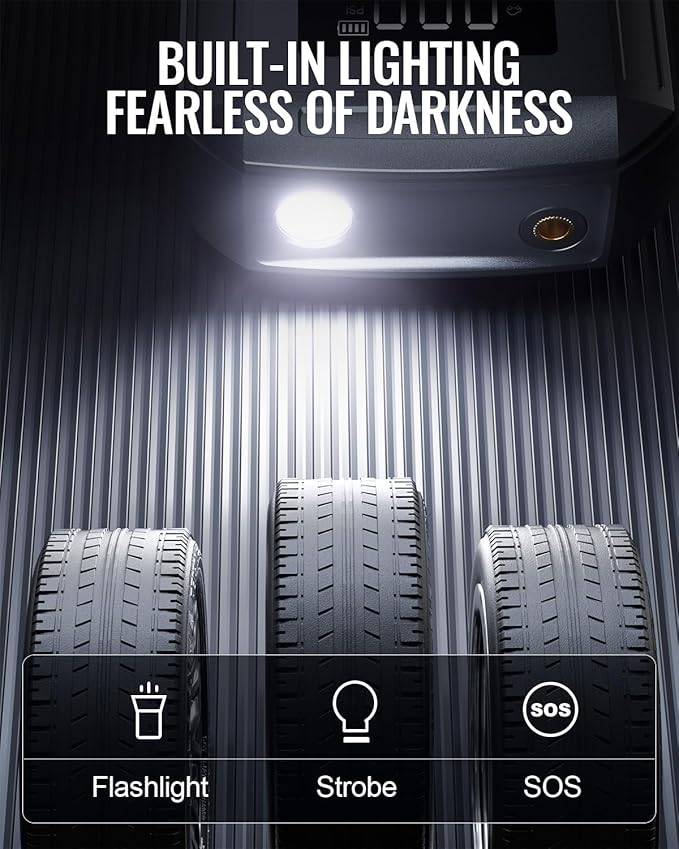 Portable Car Jump Starter with Air Compressor, 150PSI Jump Box Battery Pack with Digital Tire Inflator,12V Booster Pack with Large LCD Display, Emergency Light