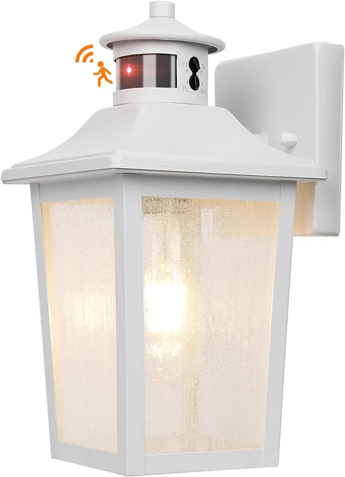 White Motion Sensor Outdoor Wall Light - Dusk to Dawn Outdoor Wall Lighting, Waterproof Exterior Light Fixture, Modern Porch Light Outside Wall Mount for House Patio Garage, Anti-Rust