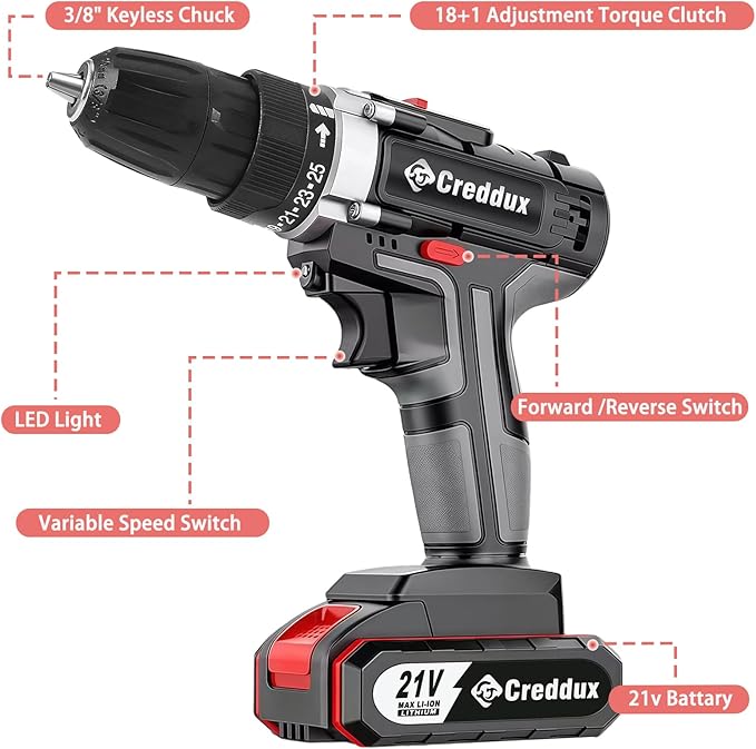 Cordless Drill Set 21v Power Drill Cordless With Battery & Charger, 84pcs Accessories Electric Drills Variable Speed, 3/8" Keyless Chuck (Black kit)