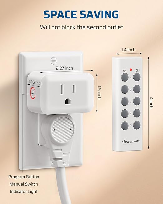 DEWENWILS Wireless Control Outlet, Programmable and Expandable Electrical Switch, 100FT Range, 125V/15A/1875W Light Switch, FCC Listed, 2 Remote and 5 Outlets