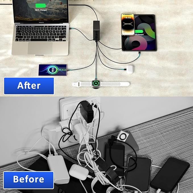 USB C Charger Block 200W 7 Port Fast Charging Station, PD 45W Laptop Charger Brick Adapter Compatible with MacBook Pro/Air,DELL,Steam Deck,iPhone 16/15/14,Galaxy S23/22 (Black)