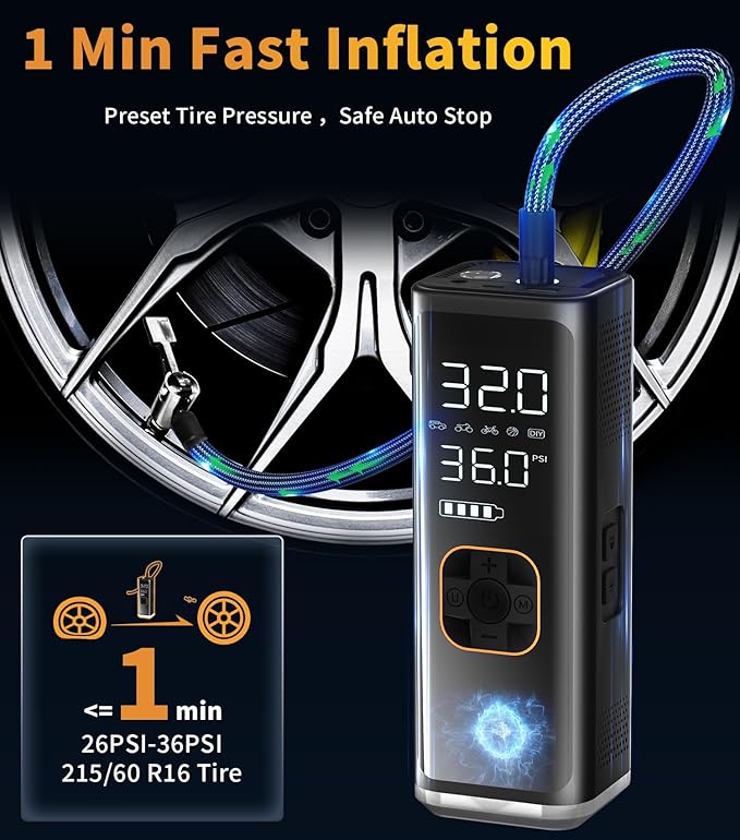 Tire Inflator Portable Air Compressor,12V DC Truck Air Pump for Car Tires,150PSI Portable Air Compressor with Pressure Gauge/LED Light,20000MAH Portable Tire Inflator for Car, Moto, Bike(Black)