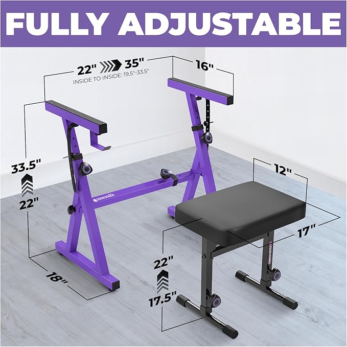 Liquid Stands Portable Heavy Duty Digital Piano Stand & Bench Set - Adjustable Keyboard Music Stand & Seat for 54-88 Key Electric Pianos (Purple)