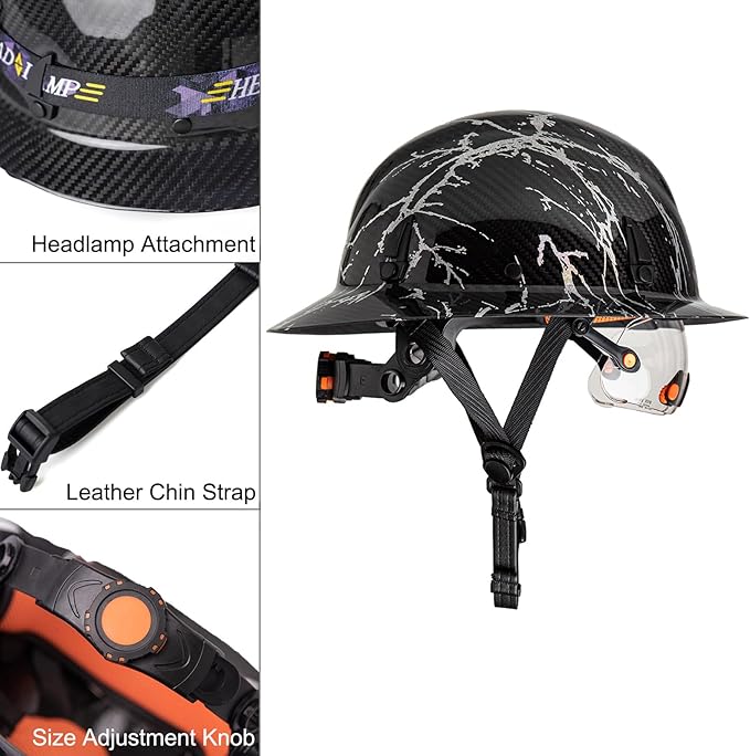 Carbon Fiber Hard Hat Full Brim with Goggles- Safety Helmet with 6-Point Adjustable Ratchet Suspension- ANSI Z89.1 Compliant