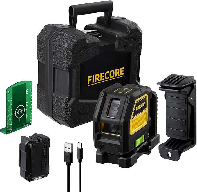 Firecore Outdoor Laser Level Kit, Self Leveling Cross Line Laser Level with Dual Power Supply and Laser Track Clip for Pros, Green Lazer Leveler Tool for Picture Hanging, Wall, Tile, Construction