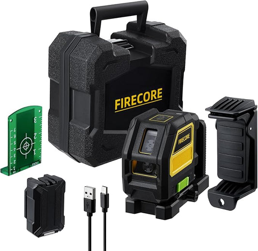 Firecore Outdoor Laser Level Kit, Self Leveling Cross Line Laser Level with Dual Power Supply and Laser Track Clip for Pros, Green Lazer Leveler Tool for Picture Hanging, Wall, Tile, Construction