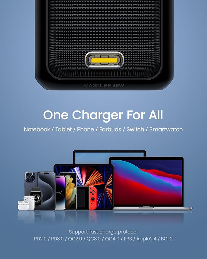 AOHI 65W PD USB C Charger, GaN+ Magcube Fast Wall Charger Power Adapter with 4ft USB C LED Display Cable for Notebook MacBook Pro/Air, Galaxy, for iPhone 15/14/Plus/Pro Max/13/12, Black