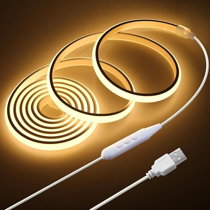 USB COB LED Strip Light Waterproof 5V 6.6FT 3000K Warm White COB LED Rope Light for Bedroom with Dimmer High Density 320LEDs/M Tunable Flexible LED Tape Light for TV Backlight Mirror Decor 2M