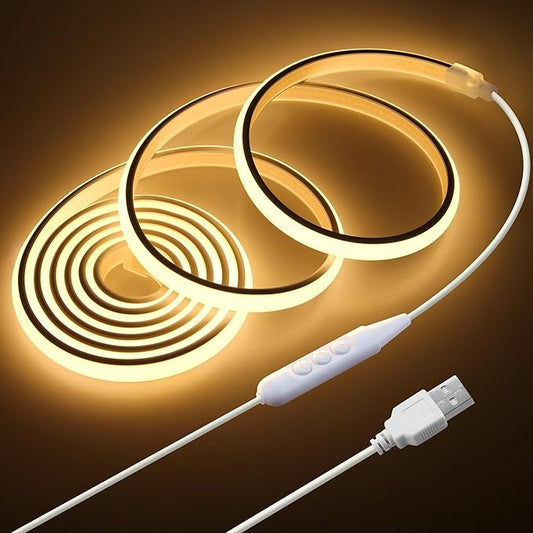 USB COB LED Strip Light Waterproof 5V 6.6FT 3000K Warm White COB LED Rope Light for Bedroom with Dimmer High Density 320LEDs/M Tunable Flexible LED Tape Light for TV Backlight Mirror Decor 2M