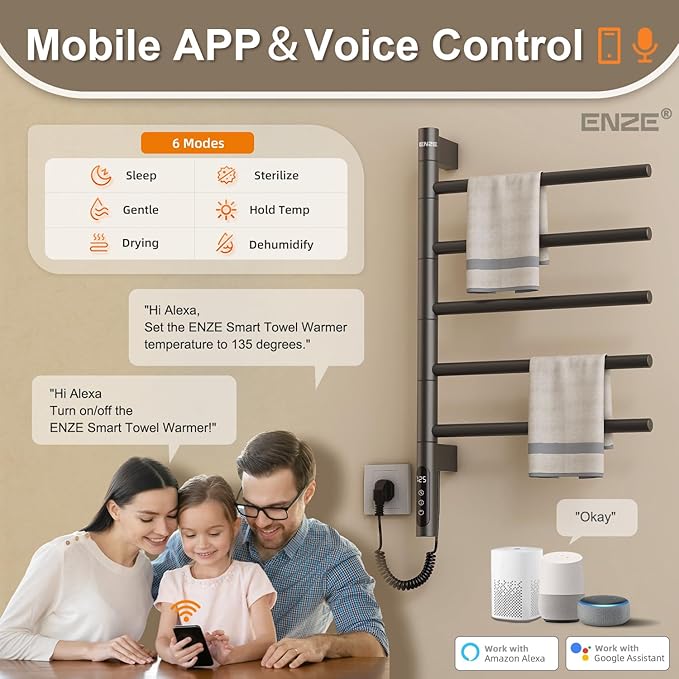 ENZE Smart Rotating Heated Towel Rack for Bathroom, Wall-Mounted Electric Towel Dryer with Swivel Bars, Smart Timer, Low Carbon Steel, IPX5, Plug-in/Hardwired, Towel Warmer with Wi-Fi App Control