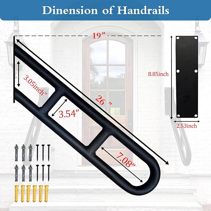Stair Handrails for Outdoor Steps, U-Shaped Hand Railings for 1-2 Steps,Wall Mounted Stair Railing with 2 Anti-Skid Crossbar for Kids, Elderly, Pregnant Women, Disabled