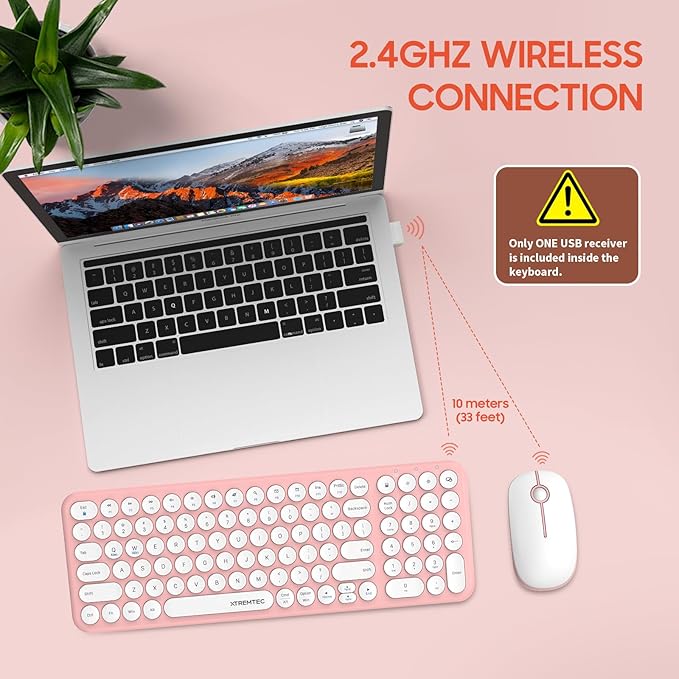 Wireless Keyboard and Mouse Combo, XTREMTEC Cute Compact -Size Pink Retro Round Keycap, Ultra Thin Quiet 2.4GHz Retro Kawaii Keyboard for Mac/PC/Laptop (Sakura Pink)