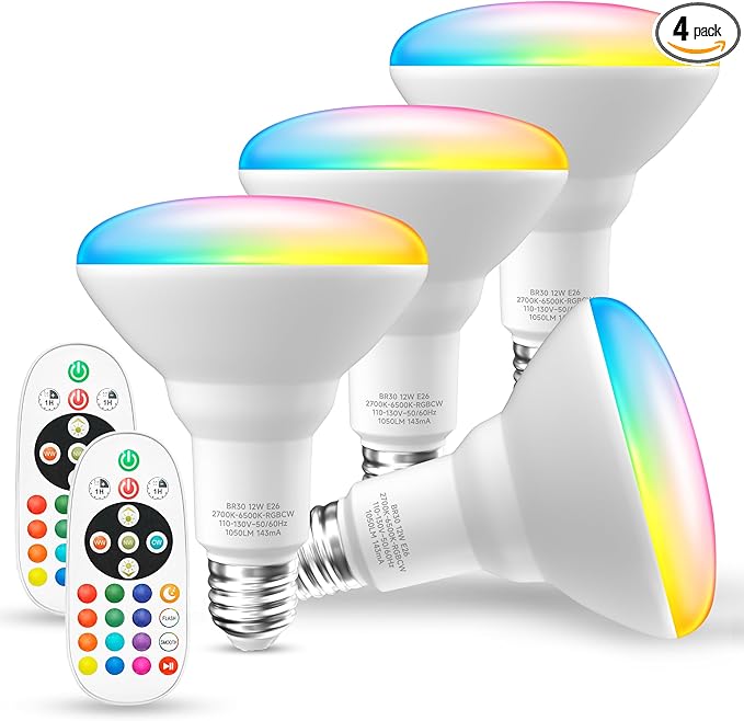 BR30 Color Changing Light Bulb, LED Flood Lights 12W, 100W Equivalent, RGB+2700K+4000K+6500K, Remote Control, 1050LM, Dimmable E26 Base, Multi-Color Can Light Bulbs for Ceiling, 4 Pack