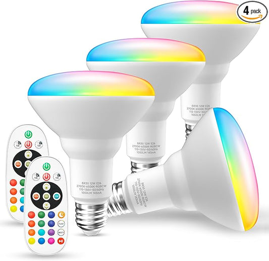 BR30 Color Changing Light Bulb, LED Flood Lights 12W, 100W Equivalent, RGB+2700K+4000K+6500K, Remote Control, 1050LM, Dimmable E26 Base, Multi-Color Can Light Bulbs for Ceiling, 4 Pack