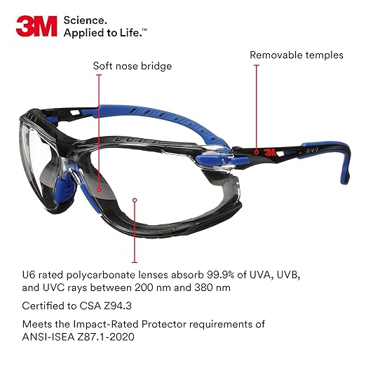3M Safety Glasses, Solus 1000 Series, ANSI Z87, Scotchgard Anti-Fog, Clear Lens, Blue/Black Frame, Removable Foam Gasket and Strap