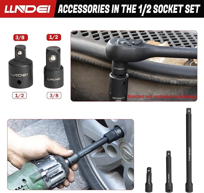 LLNDEI 1/2 inch Drive Deep Impact Socket Set, 37 Piece Standard SAE 3/8" to 1-1/4" | Metric 8 to 24mm, Includes Spark Plug Socket (16, 21mm), CR-MO Universal Joint, Extension Bars and Adapter