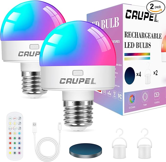 RGBCW Rechargeable Battery Operated Light Bulbs, E26 Detachable LED Bulb with Remote Control, 60W Equivalent, 500Lum, 3 Color Temperatures, 15 RGB, Emergency Light Bulbs for Home, Outdoor, 2 Pack