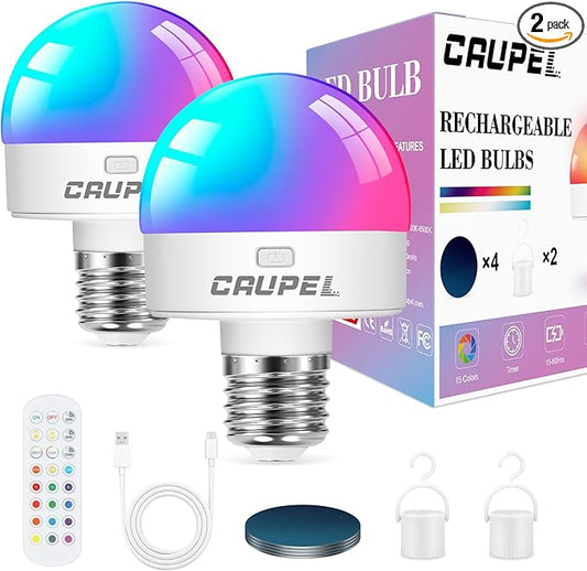 RGBCW Rechargeable Battery Operated Light Bulbs, E26 Detachable LED Bulb with Remote Control, 60W Equivalent, 500Lum, 3 Color Temperatures, 15 RGB, Emergency Light Bulbs for Home, Outdoor, 2 Pack