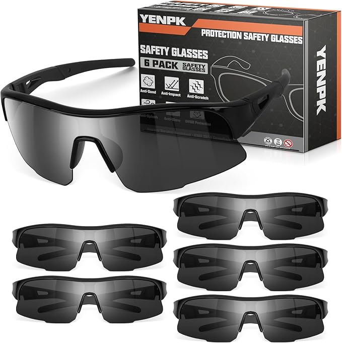 6 Pack Safety Glasses, ANSI Z87.1 Safety Glasses with UV Protection, Impact Resistant Tinted Safety Goggles