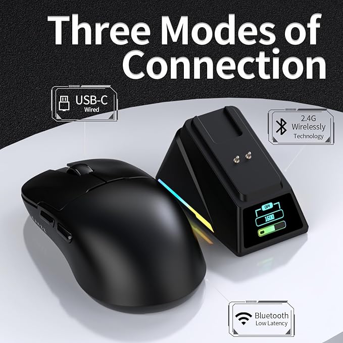 DAIDAI AJAZZ AJ159 APEX Wireless Gaming Mouse 2.4G Wired BT|RGB Magnetic Screen Charging Dock|Lightweight|42K Optical Tracking|400mAh Battery |PAW3950APEX Sensor.