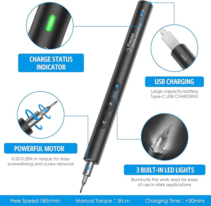AMIR Mini Power Automatic Screwdriver, 28 IN 1 Electric Cordless Precision Screwdriver Set with 24 Bits, Rechargeable Portable Magnetic Repair Tool Kit with LED Lights for Glasses, Laptops, Watches