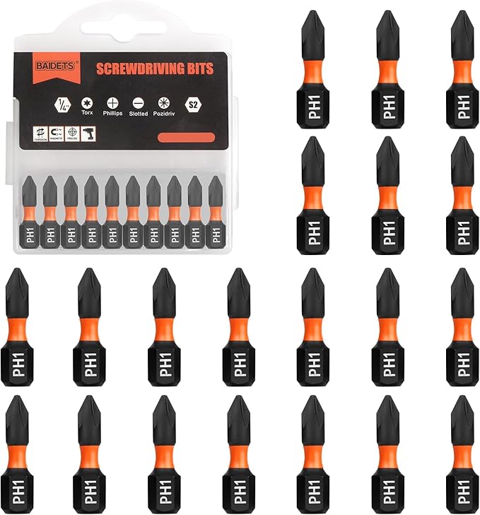 Pro PH1 Bit Assortment - Screwdriver Bits Set 20Pcs, 25mm Length, Phillips Screwdriver Bit, 1/4 Inch Hex Shank, with Storage Box