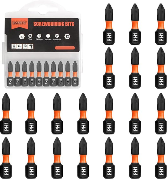 Pro PH1 Bit Assortment - Screwdriver Bits Set 20Pcs, 25mm Length, Phillips Screwdriver Bit, 1/4 Inch Hex Shank, with Storage Box