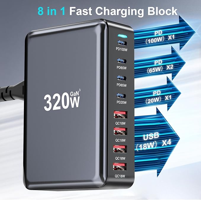 320W USB C Fast Charger Block, 8 Port USB Charging Station, GaN Ⅲ Pro 100W PD PPS Port Fast Charging Station Hub, Laptop Wall Charger Compatible with MacBook/iPhone 16/iPad/Galaxy S23/22 etc