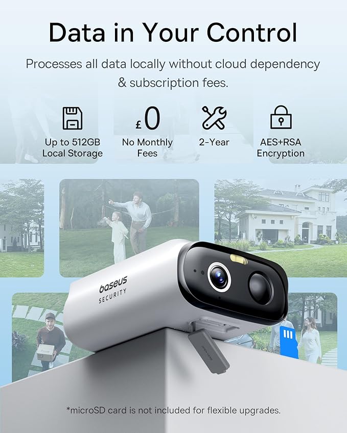 Baseus Solar Security Cameras Wireless Outdoor S1 Lite, 2K QHD Solocam, Continuous Power, Color Night Vision, AI Human Detection, IP67, No Monthly Fee, Local Storage, Works with Alexa & Google Home