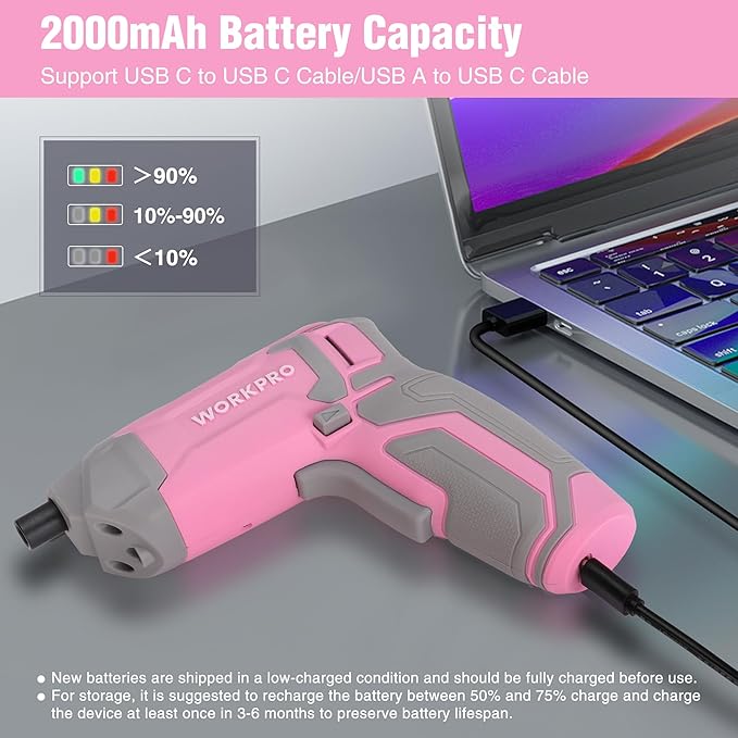 WORKPRO Pink Cordless Screwdriver Set, 3.6V Electric Rechargeable Eccentric Power Screwdriver Kit with 24Pcs Bits, Delay-off LED Light, 2000mAh High-Capacity Battery, Carrying Case Included
