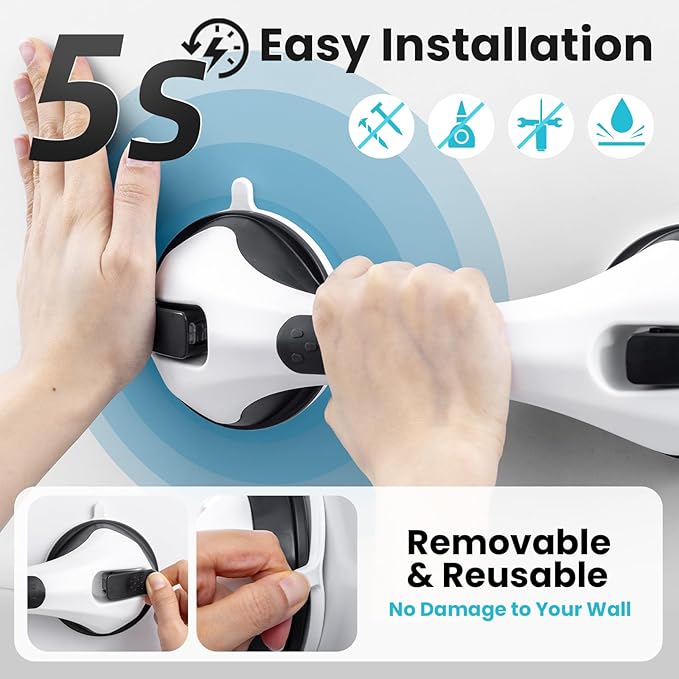 TAILI Shower Handles for Elderly Suction, 2 Pack 12 Inch Shower Grab Bars for Seniors, Grab Bars for Bathtubs and Showers, No Drilling Removable Safety Shower Grip, Black