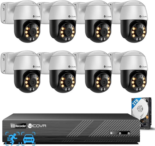 4COVR PoE PTZ Security Camera System, 8X 5MP PoE IP Camera, 8CH 4K NVR & 2TB HDD, 350° Pan 90° Tilt 3X Digital Zoom, Smart Color Night Vision, Two Way Audio, AI Human Vehicle Detection, LYM2XP5M0808