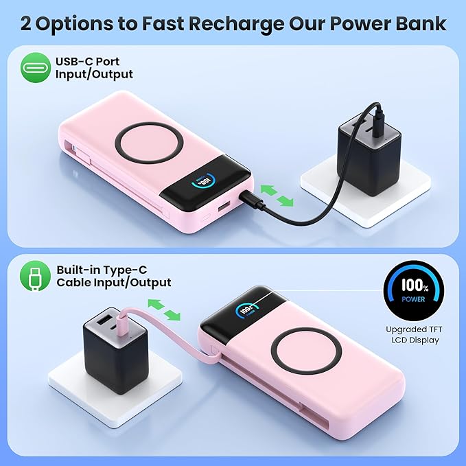 Wireless Portable Charger 40800mAh with Built-in Cables, 15W Wireless Charging USB C Power Bank, 25W PD QC 4.0 5 Outputs TFT LCD Display Battery Pack for iPhone 16/15/14/13/12, Samsung, Android etc