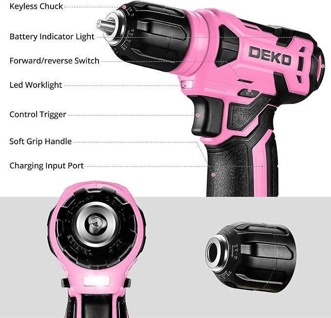 DEKOPRO Drill Set: Tool Set with 8V Pink Cordless Drill, Home Tool Kit with Drill, Hand Tool Kits for Women 126 Piece