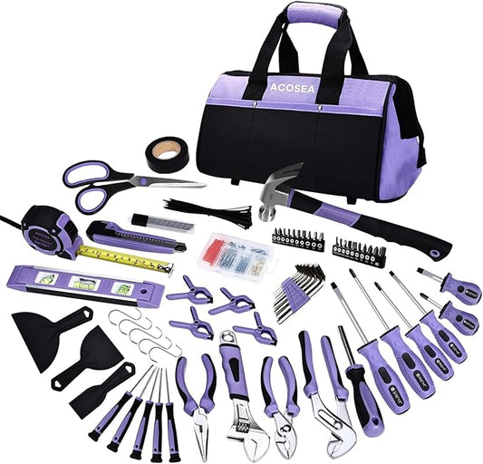 Purple Tool Set,223-Piece Tool Sets for Women,Tool Kit with 13-Inch Wide Mouth Open Purple Tool Bag,The Basic Tool Set is Perfect for Home Maintenance (PURPLE)