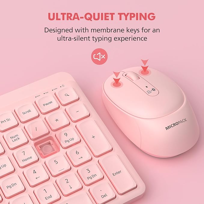 Pink Wireless Keyboard and Mouse Combo for Desktop Mac iPad Bluetooth 2.4 Ghz Rechargeable Slim Silent Click with Number Pad Compatible with Pc, Laptop, Tablet (Pink)