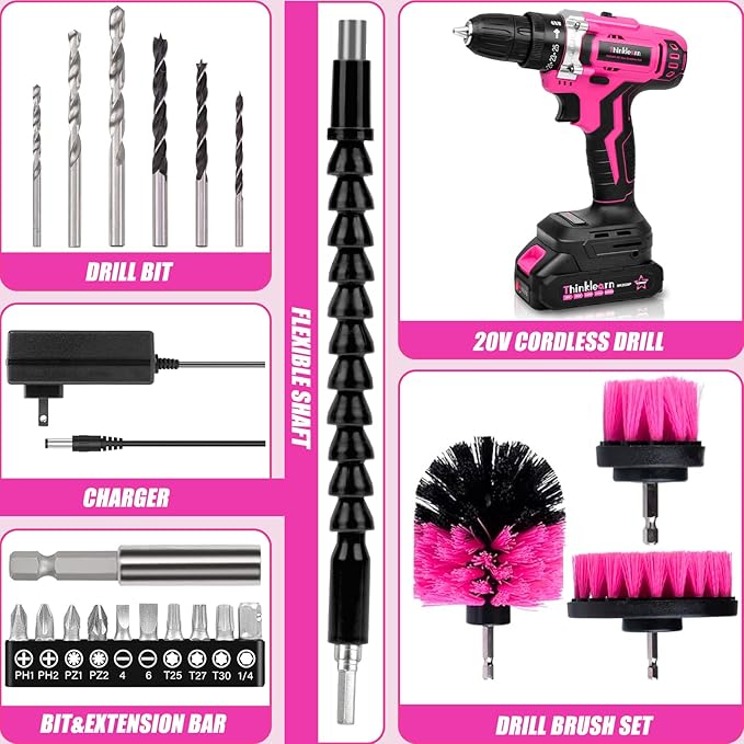 20V Pink Cordless Drill Set - Power Drill/Driver Kit with Drill Brush, Bit Set, 3/8" Keyless Chuck, 2 Variable Speed, 25+1 Torque Setting, Battery and Charger Included, Electric Drill for Home