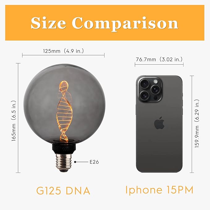 Unique Stained Glass Light Bulbs, Low Lumen Eye-Caring Soft Dim Lighting for Mood (Not Daylight White) 55LM, Oversized Globe Decorative Dimmable LED Bulb 3.5W, E26 Medium Base, Smoke RN G125