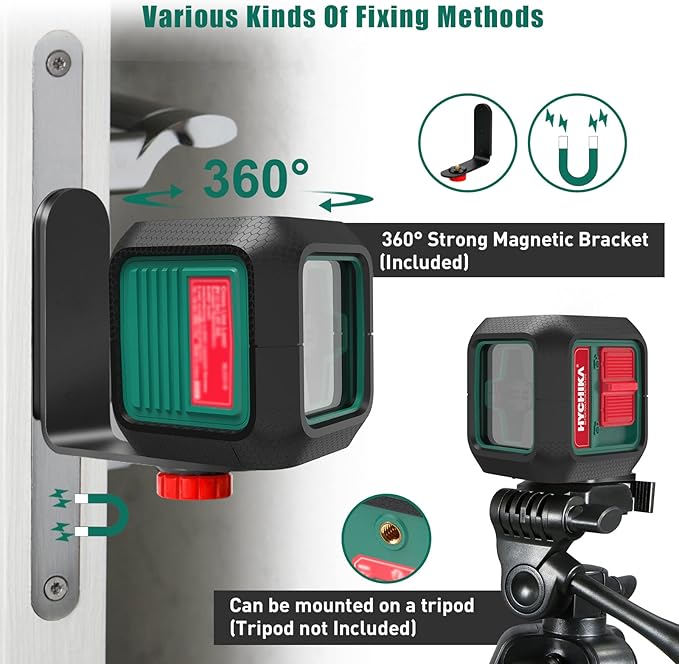 HYCHIKA Laser Level 360 Self Leveling, 50 ft Lazer Leveler Tool, Green Cross Line Lazer Level for Picture Hanging, Tile, Decoration & DIY Indoor/Outdoor Construction, Battery & L-Bracket Included