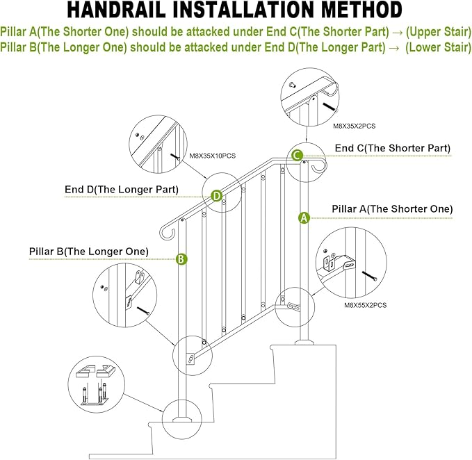 Adjustable Handrails for Outdoor Steps, Handrail Picket #2 Fits 2 or 3 Steps, Mattle Wrought Iron Handrail, Stair Rail with Installation Kit for Outdoor Steps