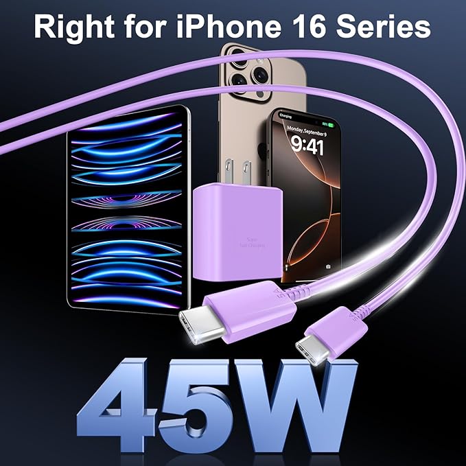 Phone 16 Pro Max Charger Fast Charging, 45W USB C Phone 16 Super Fast Charger Block with 10ft Long Type C Charging Cable Cord for Phone 16/16 Pro/16 Pro Max/16 Plus, 15/15 ProMax/Pro/Plus-White+Purple