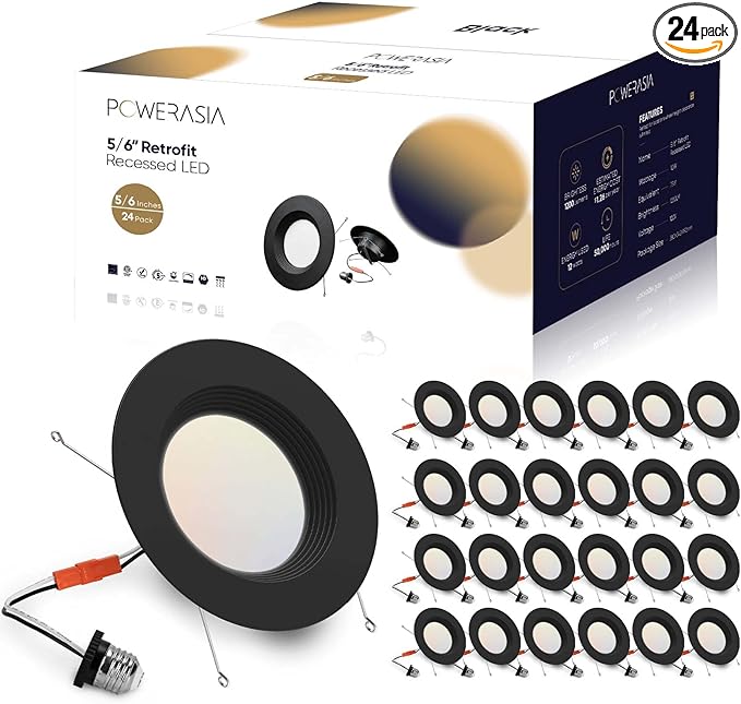 24 Pack 5/6 Inch Black LED Can Lights Retrofit Recessed Lighting, 5CCT 6 Inch Recessed Lights Selectable 2700K-6000K Dimmable, 12W=75W, 1200LM Downlight with Metal Smooth Trim-ETL and Energy Star